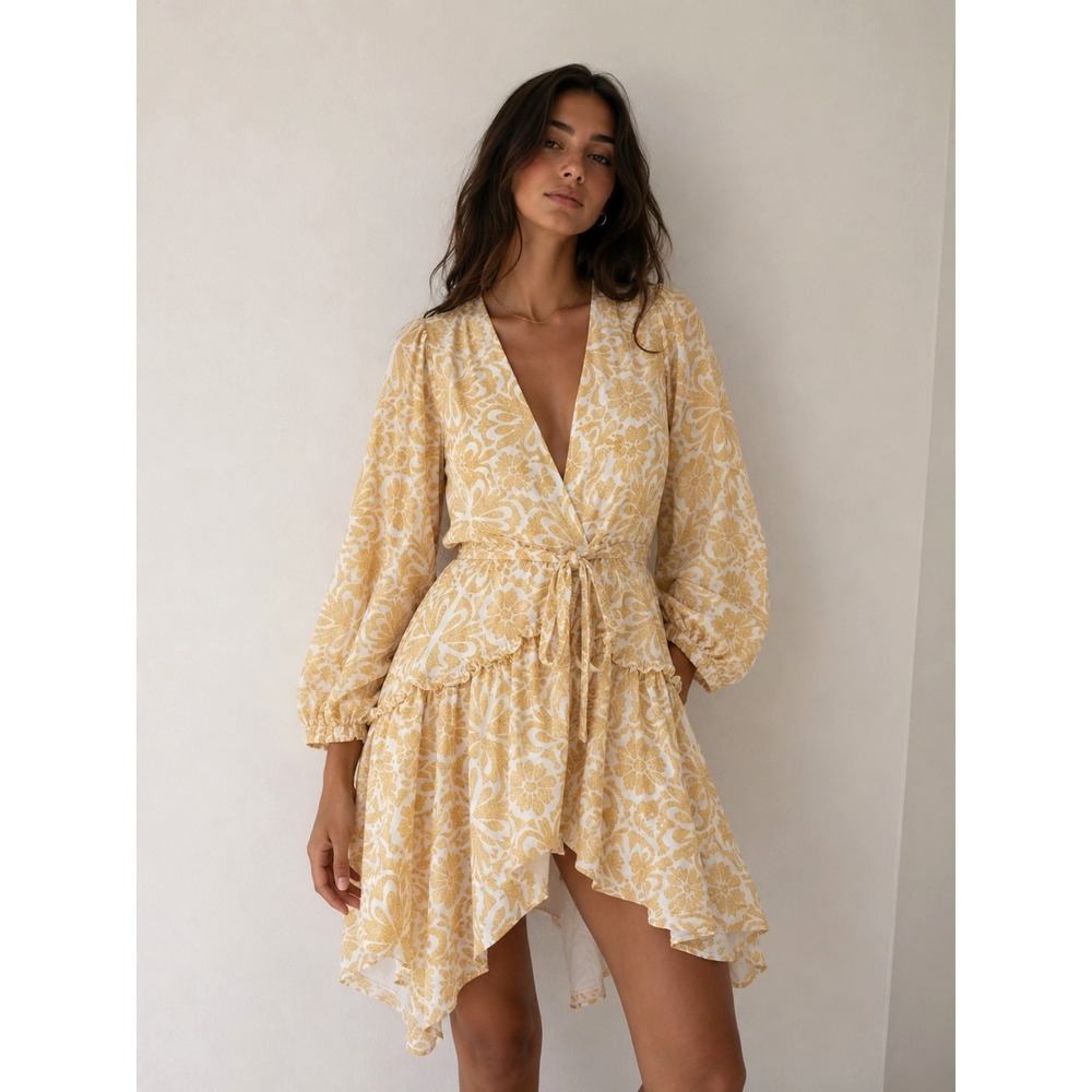 Hutch Anthropologie Geo Wrap Maxi Dress Womens Small Yellow White Puff Sleeve